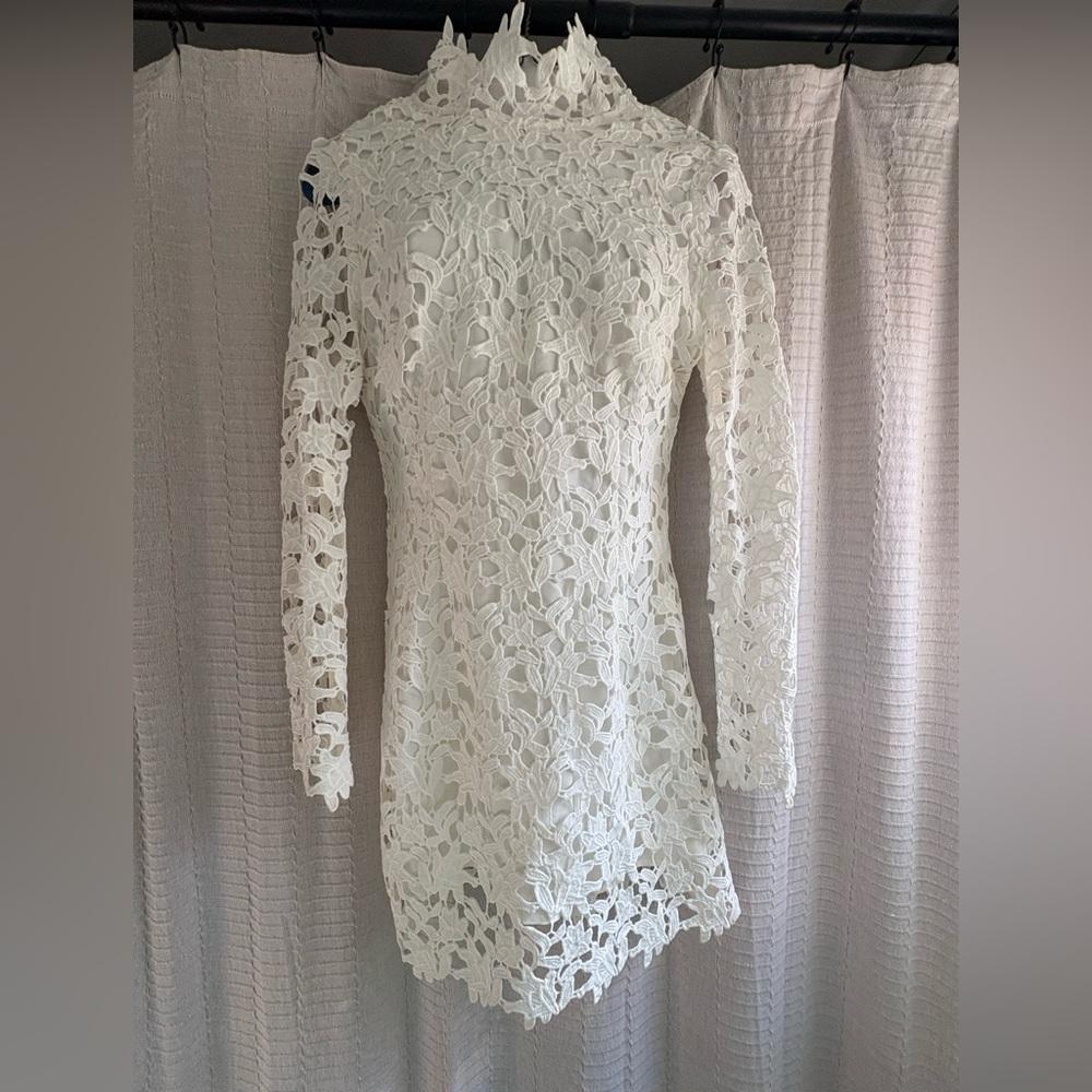 o.p.t White Bridal/Dress Rehearsal/Shower Lace Long Sleeve Mock Neck Dress Sz 6